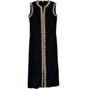 Vintage Black Maxi Dress with Gold & Silver Embroidered Trim – Sleeveless – 53”